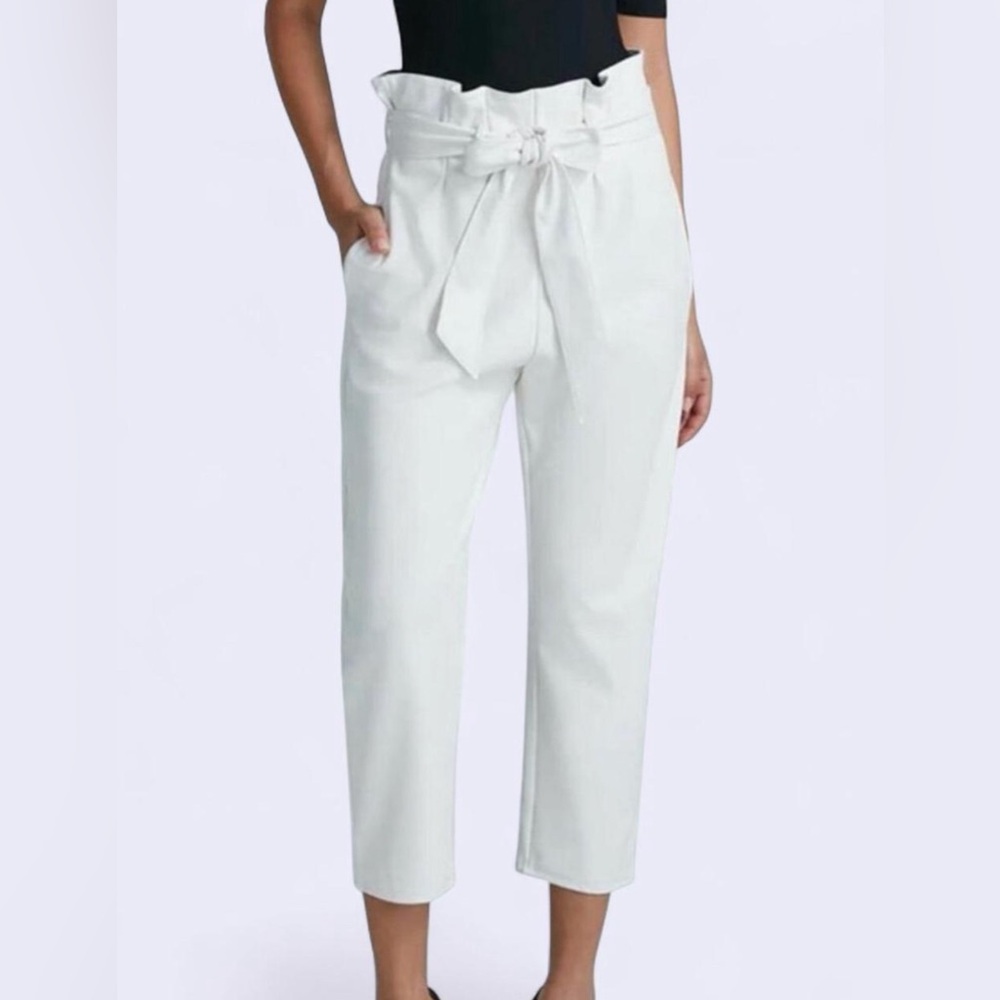 White faux leather high-rise cropped pants with tie waist